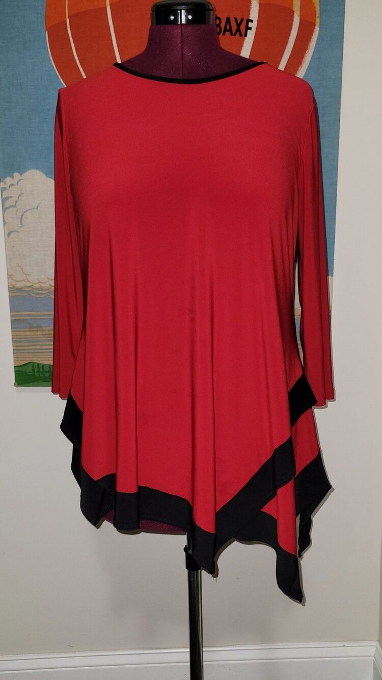 Pretty Woman Tunic Top Asymmetric Red Black Trim 3/4 Sleeve Women's M Artsy
